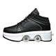 Black high-top sneaker with white platform and roller wheels on a white background