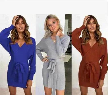 Autumn Winter Slim Fit V-neck Mini Wrap Sweater Dress - EX-STOCK Canada