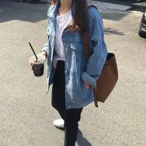 Casual Unisex Loose student bf style blue denim jacket women - EX-STOCK CANADA