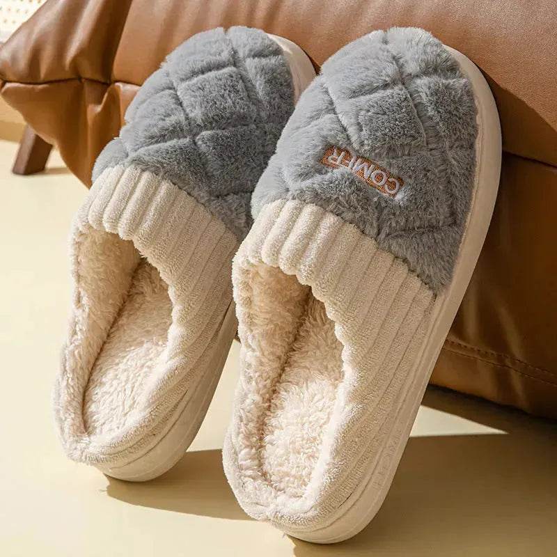 Solid Rhombic Letter Home Slippers Winter Warm Non-slip Floor Bedroom Plush Slipper For Couple House Shoes Women Men - EX-STOCK Canada