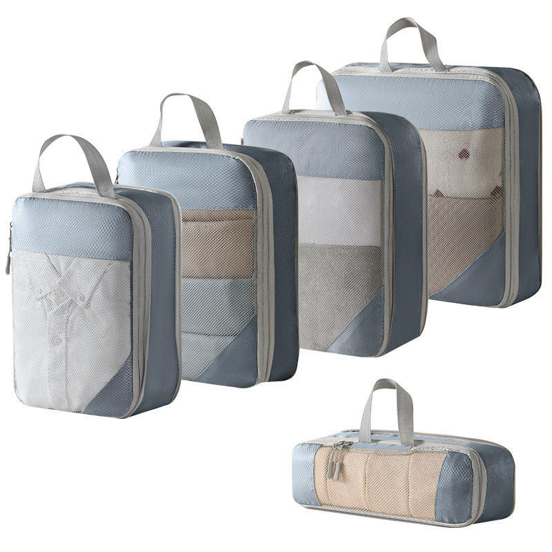 Gray travel compression mesh storage bags 5-piece set laid flat
