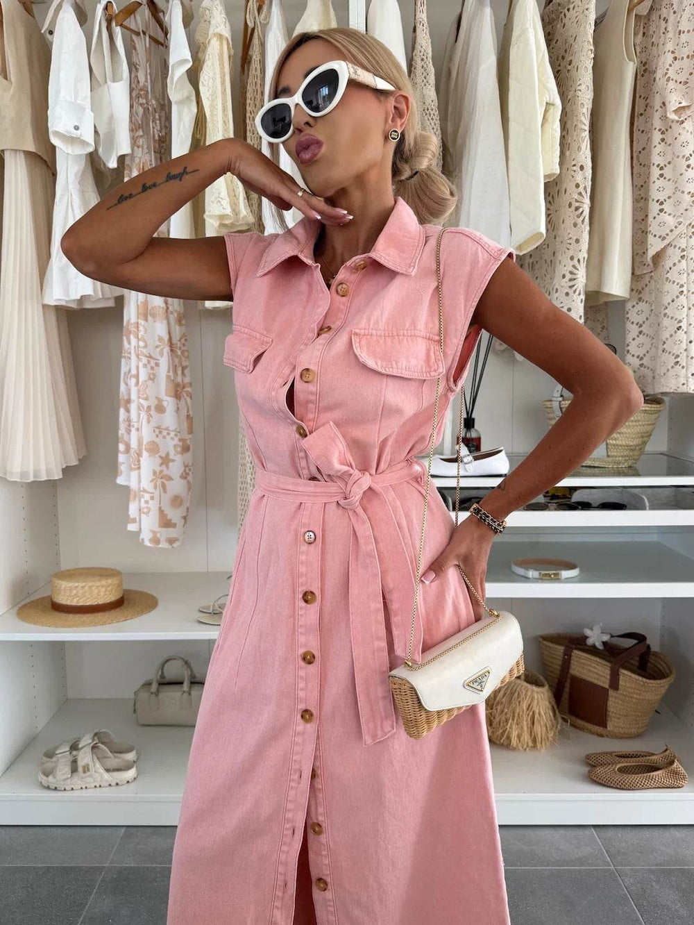 Women's Casual Sleeveless Lace-up Long Dresses Fashion Pockets Solid Party Office Elegant Lapel Single Breasted Denim Dress Summer  EX-STOCK CANADA