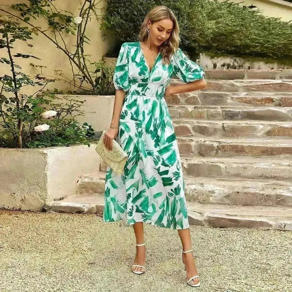 Summer Chiffon Floral Printed Temperament Waist-controlled V-neck Casual Midi Dress - EX-STOCK CANADA