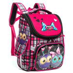 Pink and plaid backpack with owl designs on a white background
