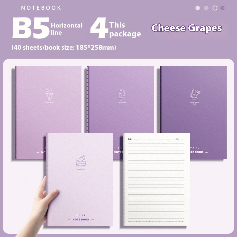 Purple notebook with a hand holding it, showing the inside pages.