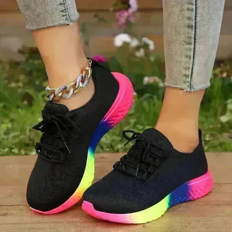 Lace-up Mesh Shoes With Rainbow Sole Design Fashion Walking Running Sports Shoes Sneakers For Women - EX-STOCK CANADA