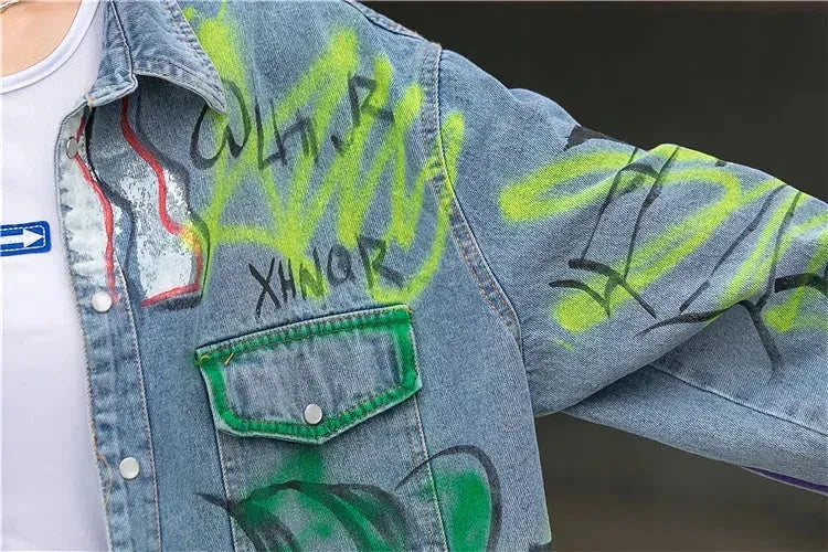 Oversized Graffiti Print Denim Jacket Women Loose Fried Street fashion - EX-STOCK CANADA