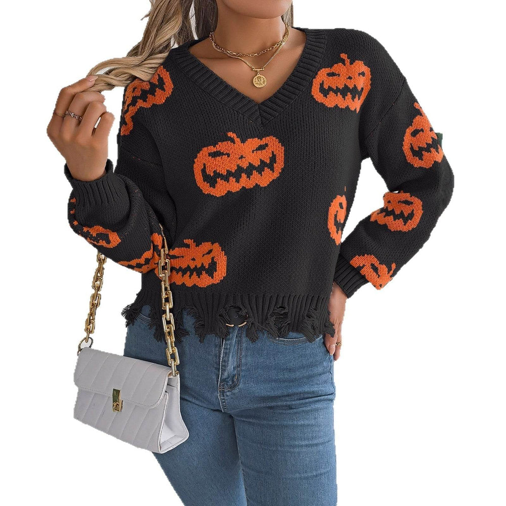 Halloween Contrast Color Pumpkin Cut Long Sleeve Sweater - EX-STOCK Canada