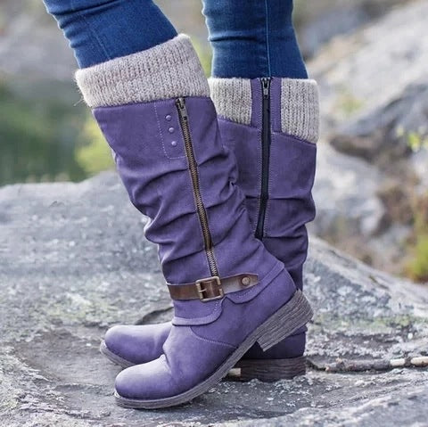 Women's Mid-Calf Slouchy Boots | Side Zipper, Knit Cuff, Block Heel | 5 Colours, Sizes 35–43