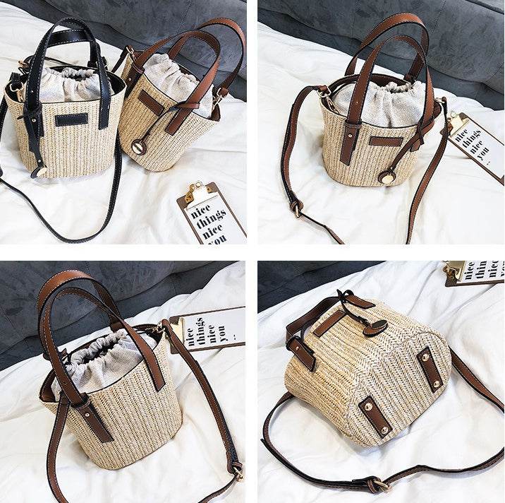 new summer women's bag hand-woven contrast color bucket straw bag cylinder handbag diagonal shoulder beach bag EX-STOCK Canada 