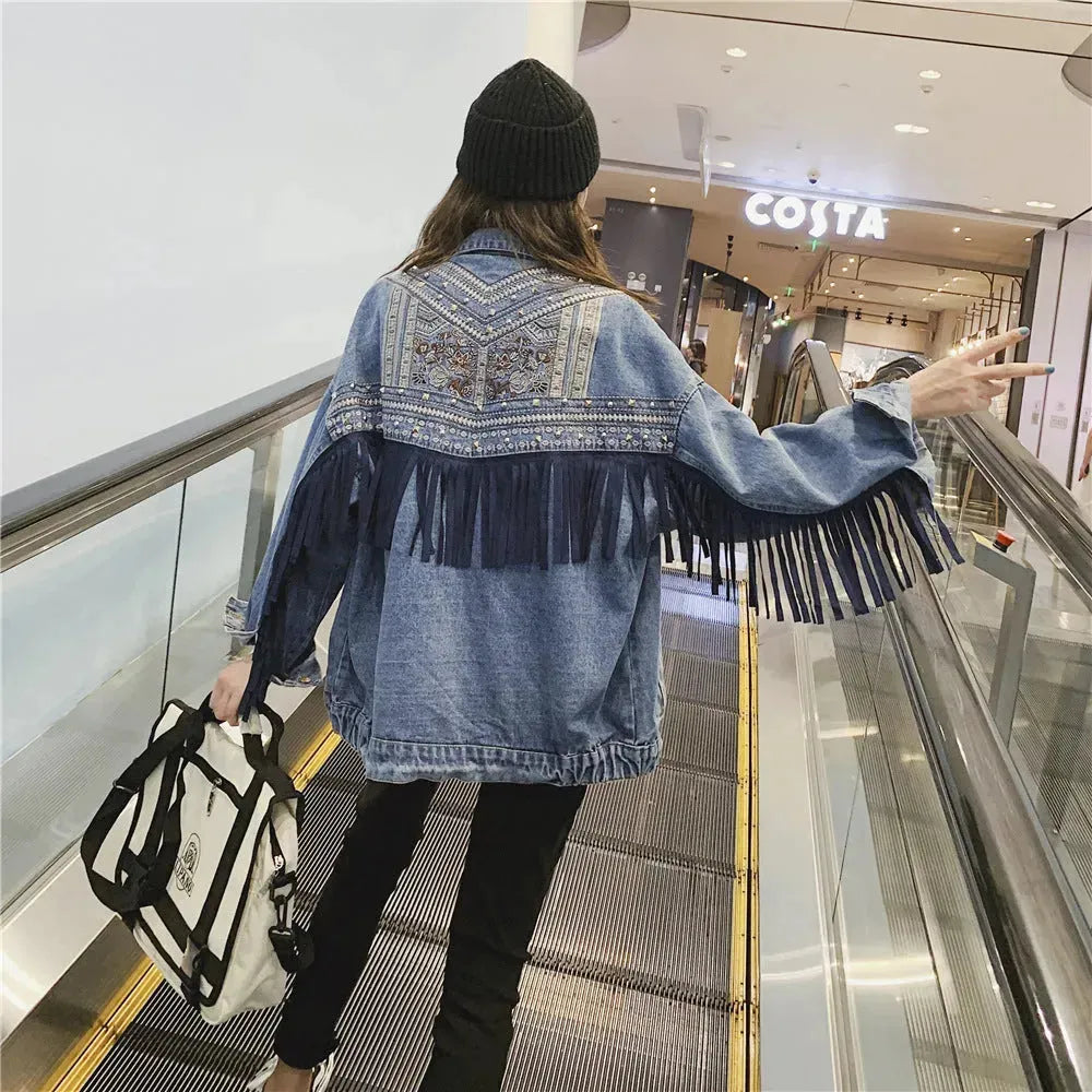 Elegant women Oversized Embroidered Tassel Fringe Denim Jacket - EX-STOCK CANADA