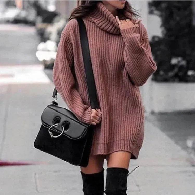 Autumn Winter Solid Cashmere oversized Knitted Mini Turtleneck Sweater Dress - EX-STOCK Canada