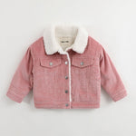 Pink corduroy jacket with white sherpa lining on a light gray background
