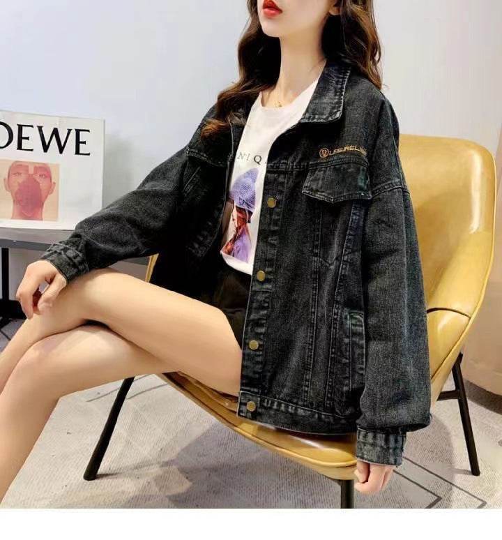 Loose Embroidered Lettered Black Denim Jacket Slimming Jacket Coat For Women - EX-STOCK Canada