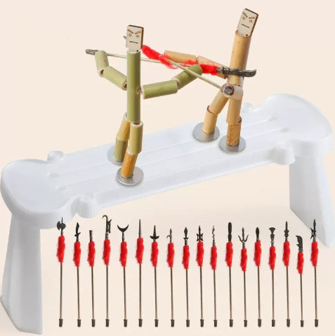 Bamboo bow and arrow set with accessories on a white stand