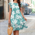 Ruffle Sleeve Dress Summer Loose Flower Print Beach Dresses Sweet Skirt Women - EX-STOCK CANADA