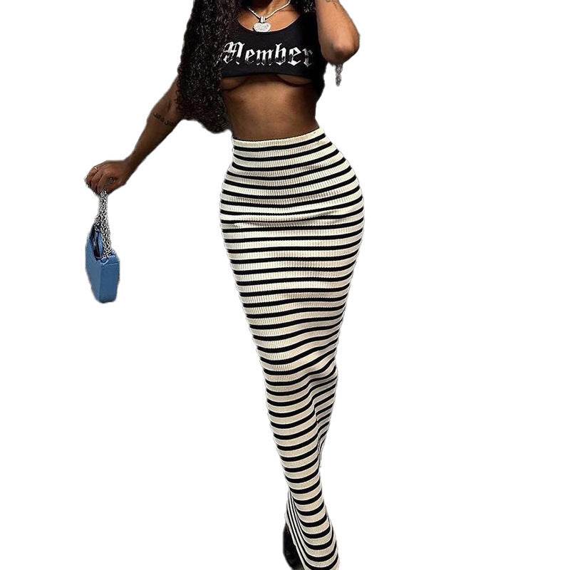 High-waisted Black And White Striped Straight Long Pencil Skirt - EX-STOCK Canada