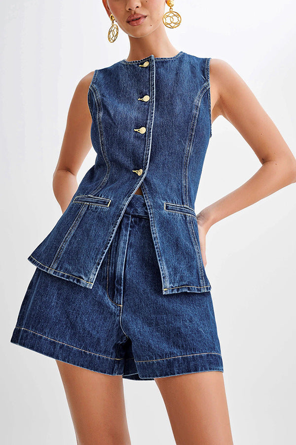 Ensemble pour femmes décontracté en denim sans manches 