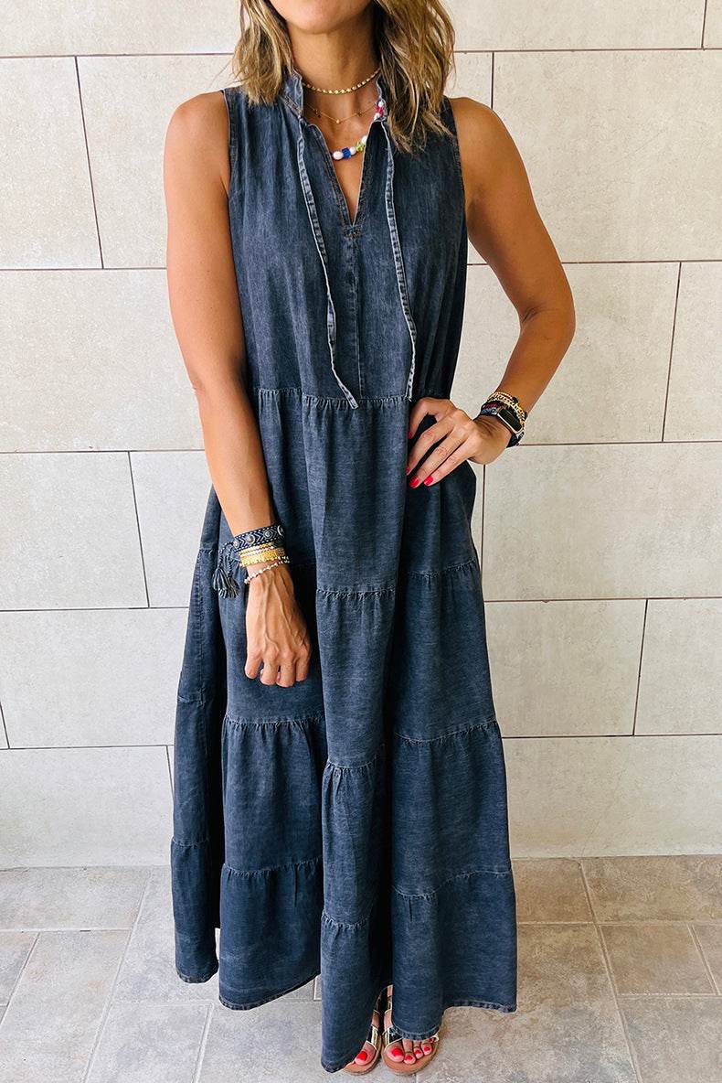Women's Sleeveless Denim Fashion Retro High Waist Layered Dress - EX-STOCK Canada
