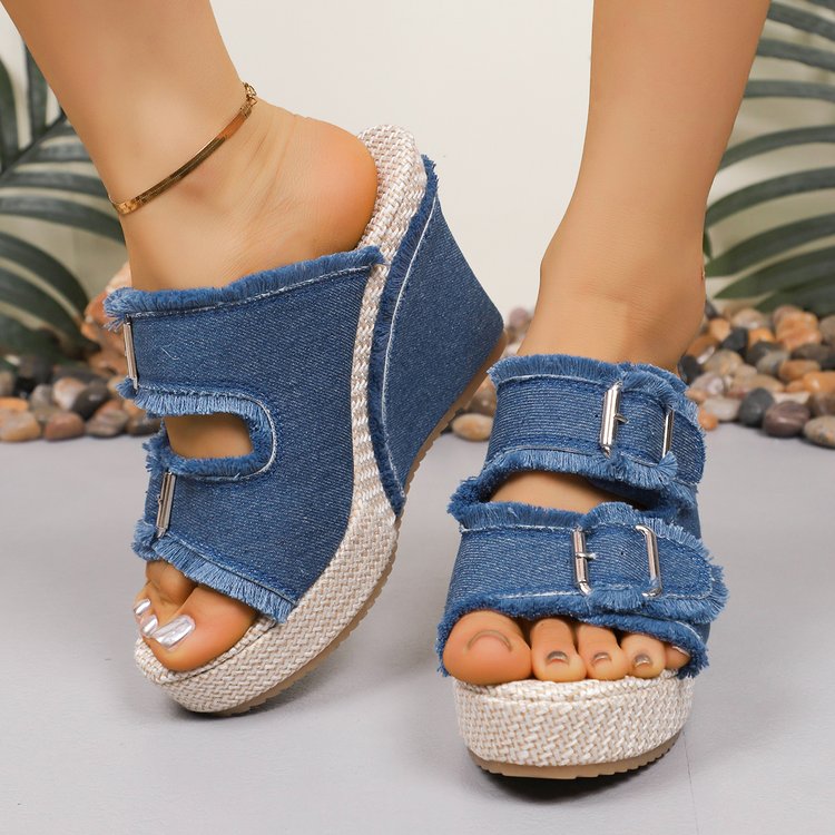 Plus Size Women's New Denim Slip-On Mule Sandals, Block Heel With Buckle Design, Summer Outdoor Casual Slippers 
