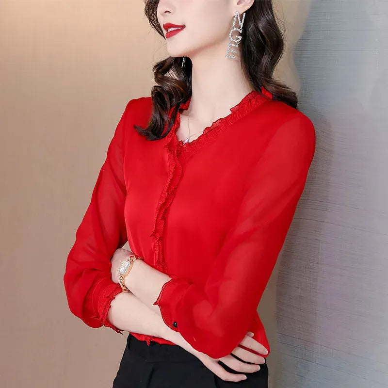 New Solid Color Chiffon Long-sleeved Shirt For Women - EX-STOCK CANADA