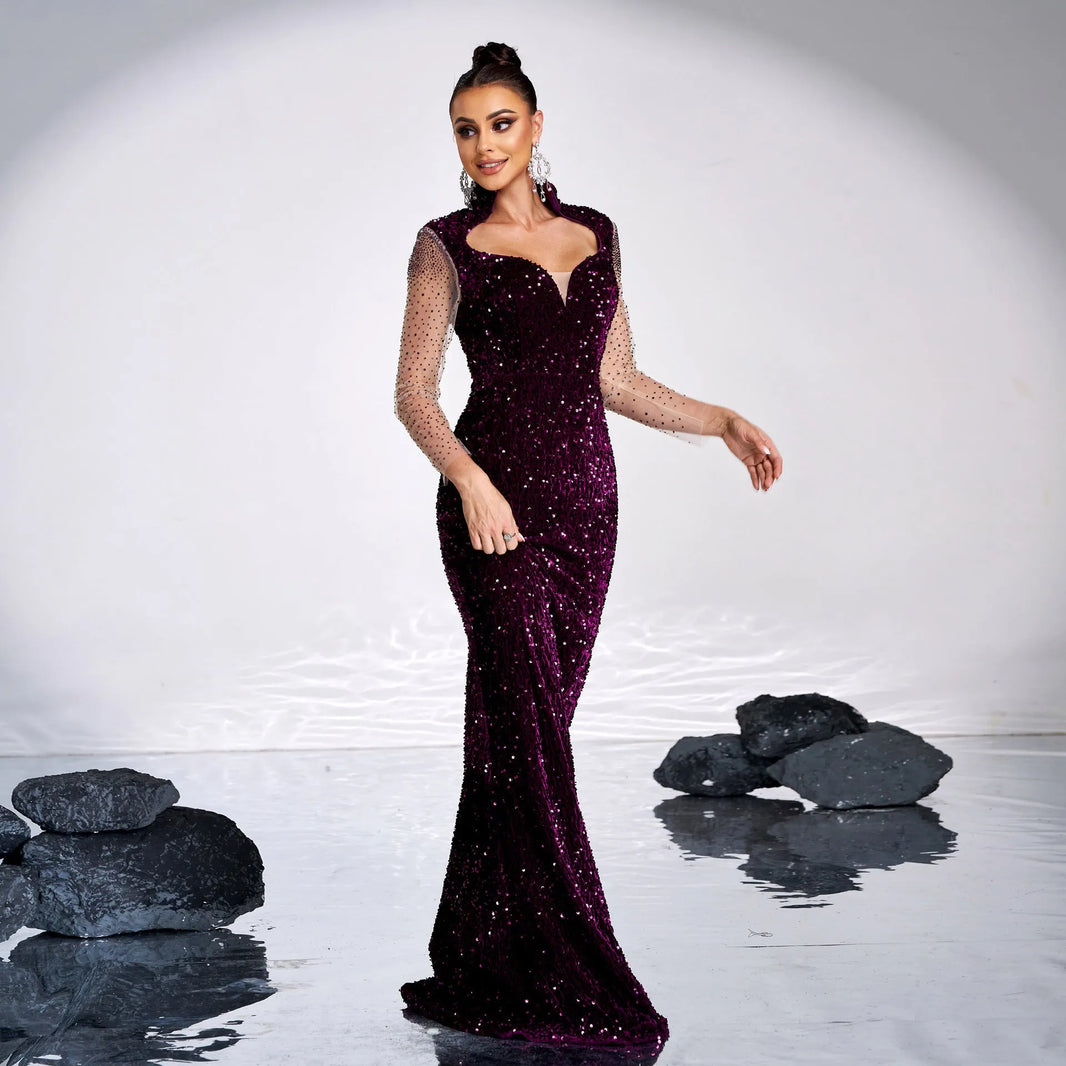 Long Sleeve Banquet Sequined Rhinestone Mermaid Party Dress - EX-STOCK CANADA