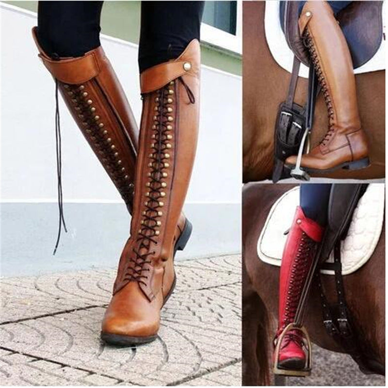 Brown riding boots with detailed laces on a pavement and a close-up of a red boot on a horse saddle.