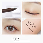 Eyebrow pencil with close-up examples of application on eyes and skin.