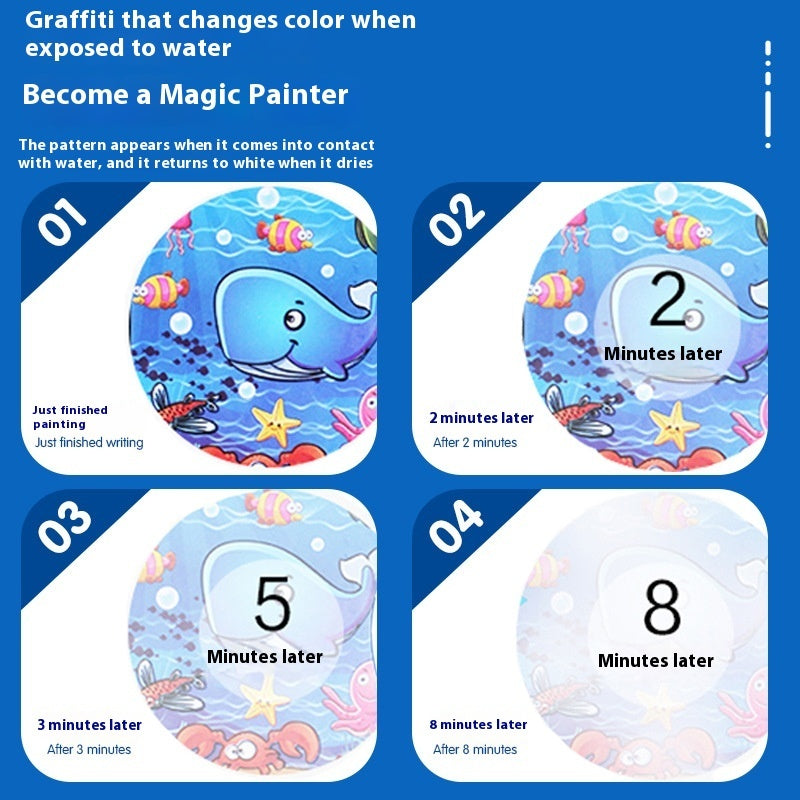 Graffiti art with a whale and sea creatures that changes color when exposed to water, displayed on a blue background.