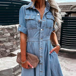 Women's Fashion Casual short sleeve button down Denim midi Dress - EX-STOCK Canada