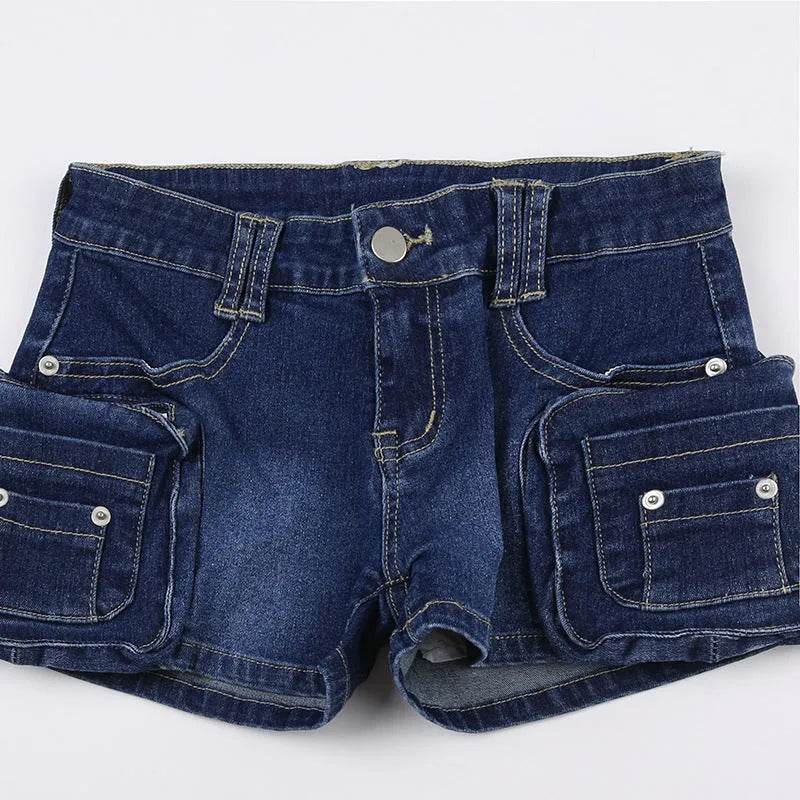 Street Washed Dark Blue Three-dimensional Pocket Splicing Low Waist Tight Hip Hot Girls Fried Street Hot Pants Super Short Jeans - EX-STOCK Canada