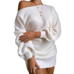 Autumn Winter Slant Shoulder Off Lantern sleeve Mini knitted wool sweater dress - EX-STOCK Canada