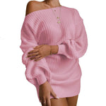 Autumn Winter Slant Shoulder Off Lantern sleeve Mini knitted wool sweater dress - EX-STOCK Canada