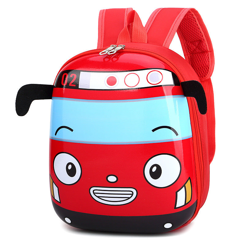 Red car-shaped backpack with a smiley face on a white background