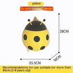 Yellow ladybug-shaped balloon with black spots, measurements, and usage recommendations on a white background.