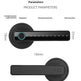 Product parameters diagram for a black smart door lock handle, showing front and back views with measurements labeled 73mm, 27mm, 150mm, and text for emergency power supply interface, fingerprint, password/card area, mechanical key, and setting key instructions.