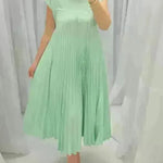 Women Summer Pleated Maxi Dress Casual Short Sleeve Crewneck Flowy Swing Long Dress with Pockets - EX-STOCK CANADA