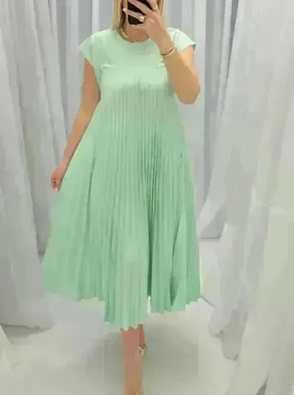 Women Summer Pleated Maxi Dress Casual Short Sleeve Crewneck Flowy Swing Long Dress with Pockets - EX-STOCK CANADA