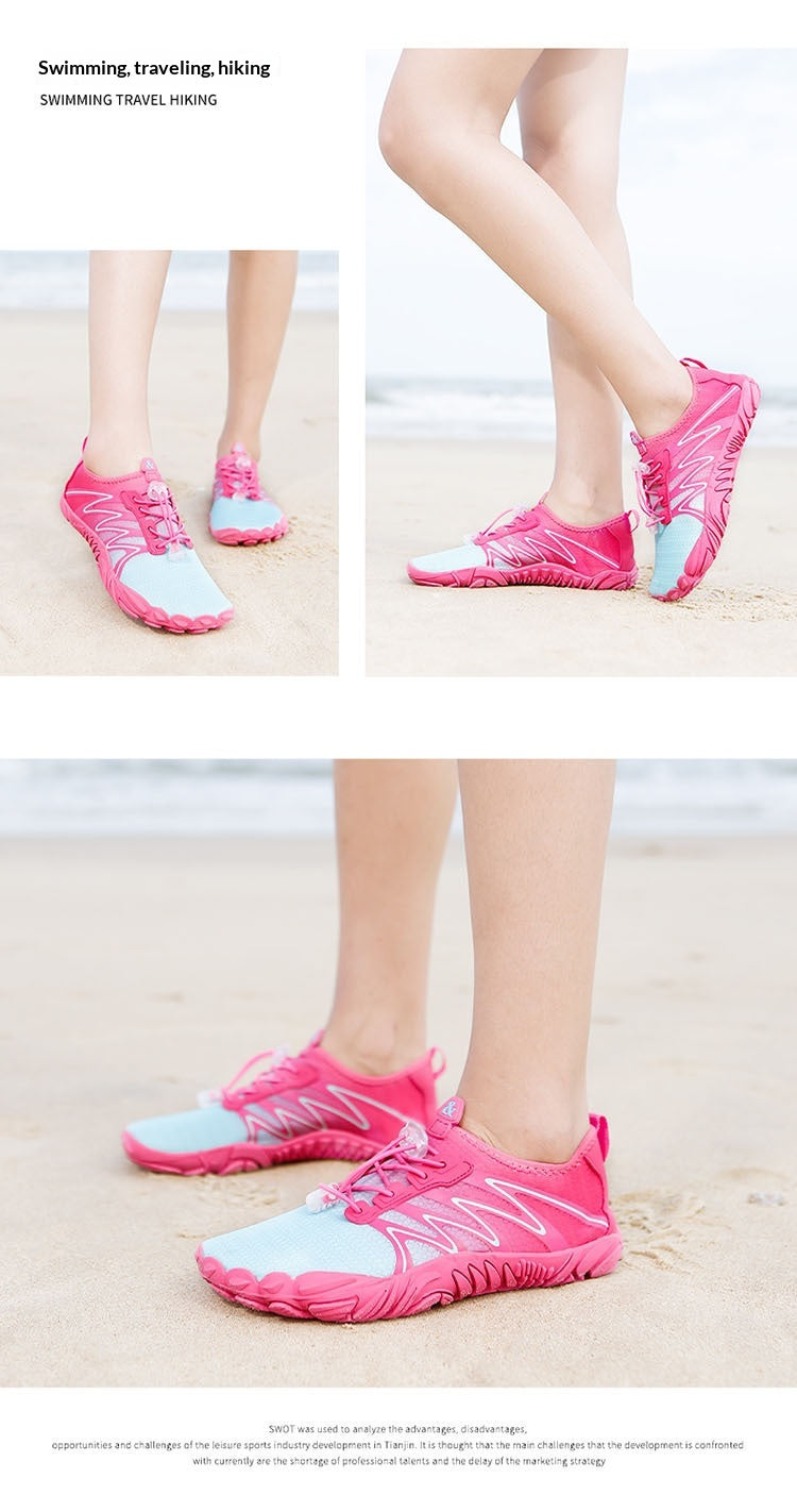 Three-panel collage showing a person wearing bright pink and light blue water shoes on a sandy beach. The top-left panel includes the text 'Swimming, traveling, hiking' and 'Swimming Travel Hiking'; the bottom panel has small text blocks at the bottom.