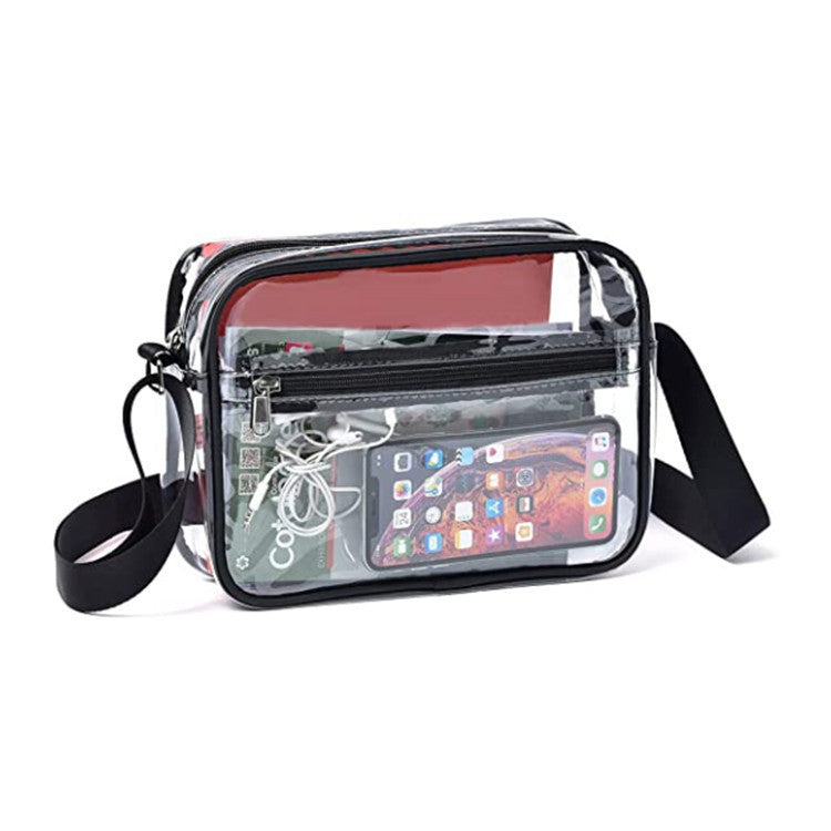 Clear transparent bag with black straps displaying a smartphone on a white background