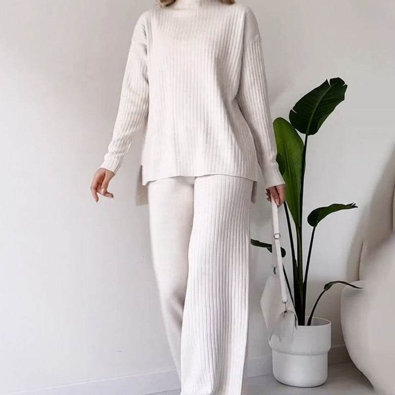 Casual 2pcs Co ord Winter Turtleneck Knitted Suit Loose Split Long-sleeved Top And Straight Trousers Fashion Casual Solid Set Women's Clothing - EX-STOCK Canada
