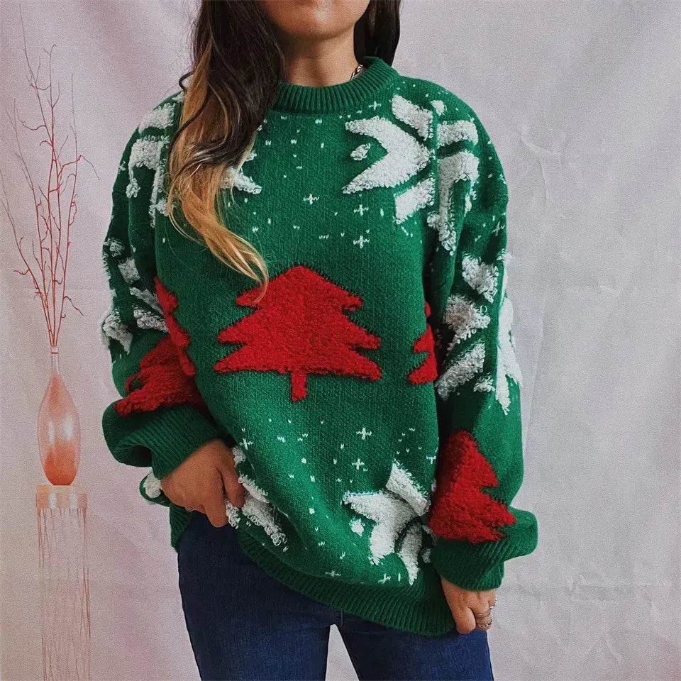 Women's Fashion Christmas Tree Jacquard Round Neck Long Sleeve Pullover Sweater top - EX-STOCK Canada