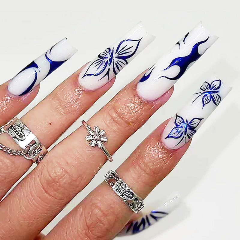 24 PCS Blue Butterfly Art, Long Length Long Water Pipe Fake Nails,Square Head Nail Tips False Nail EX-STOCK Canada 