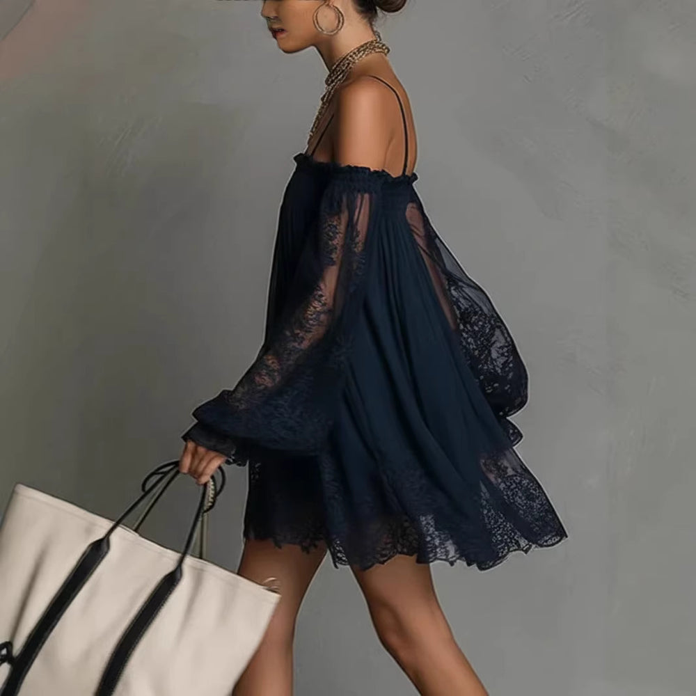 Long-Sleeve Lace Boat Neck Slip Dress