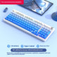 Mechanical keyboard with blue and white keys on a light blue background, featuring text about connectivity options and features.
