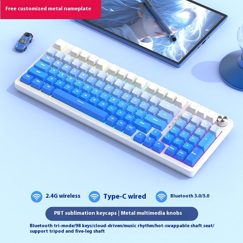 Mechanical keyboard with blue and white keys on a light blue background, featuring text about connectivity options and features.