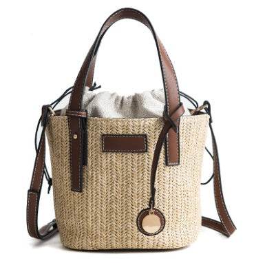 new summer women's bag hand-woven contrast color bucket straw bag cylinder handbag diagonal shoulder beach bag EX-STOCK Canada 