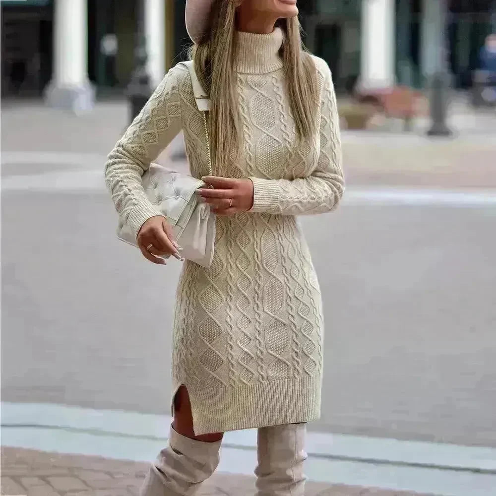 Autumn Winter Mini Slim fit Twist thick knitted Turtleneck sweater dress - EX-STOCK CANADA