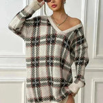Deer Plush V-neck Long Sleeve Plaid Winter Jumper Mini dress - EX-STOCK CANADA