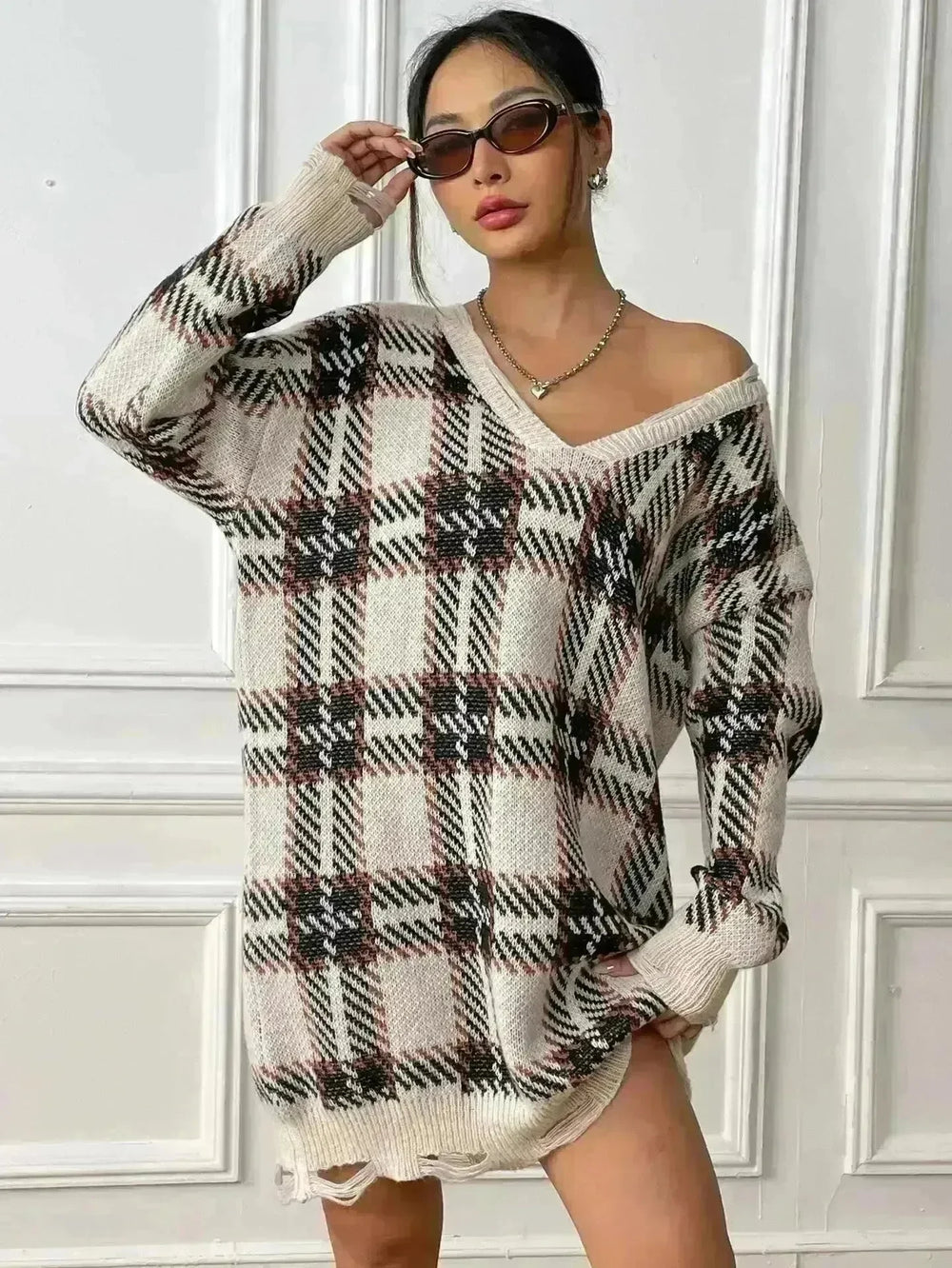 Deer Plush V-neck Long Sleeve Plaid Winter Jumper Mini dress - EX-STOCK CANADA